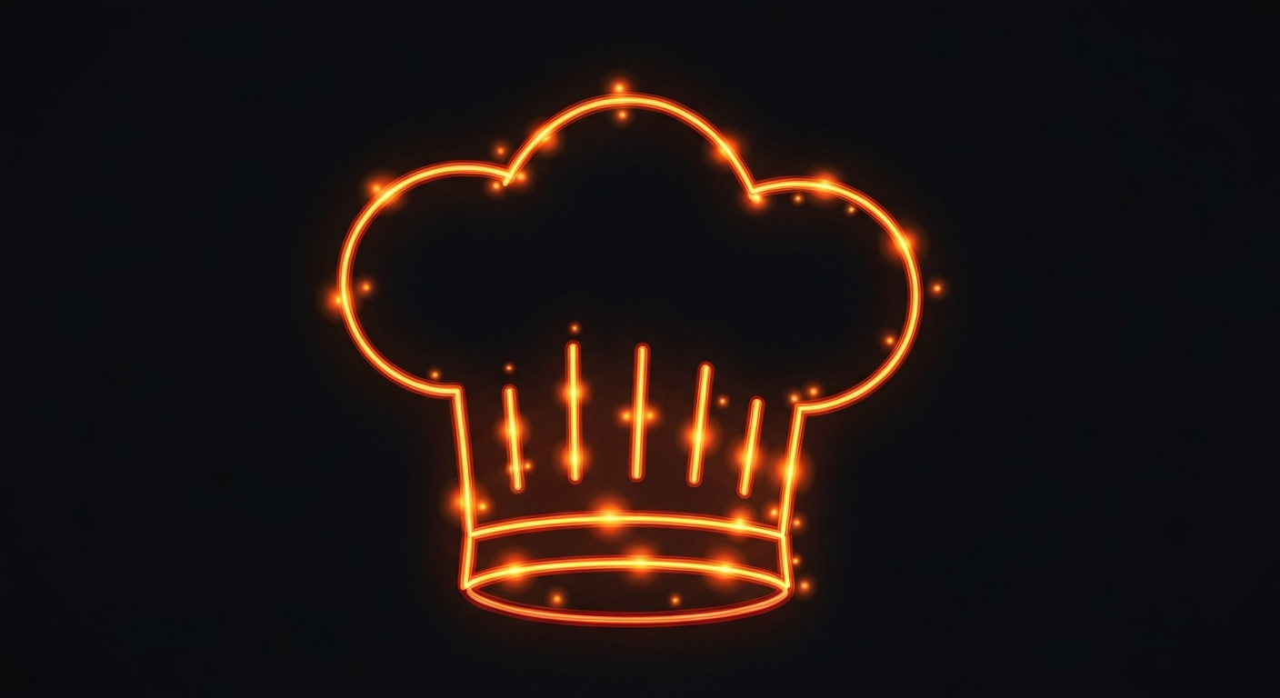 A minimalist design in the style of Keith Haring, with a glowing neon outline of a chef's hat against a dark background, conveying the urgency of food safety through pulsing, electric lines.