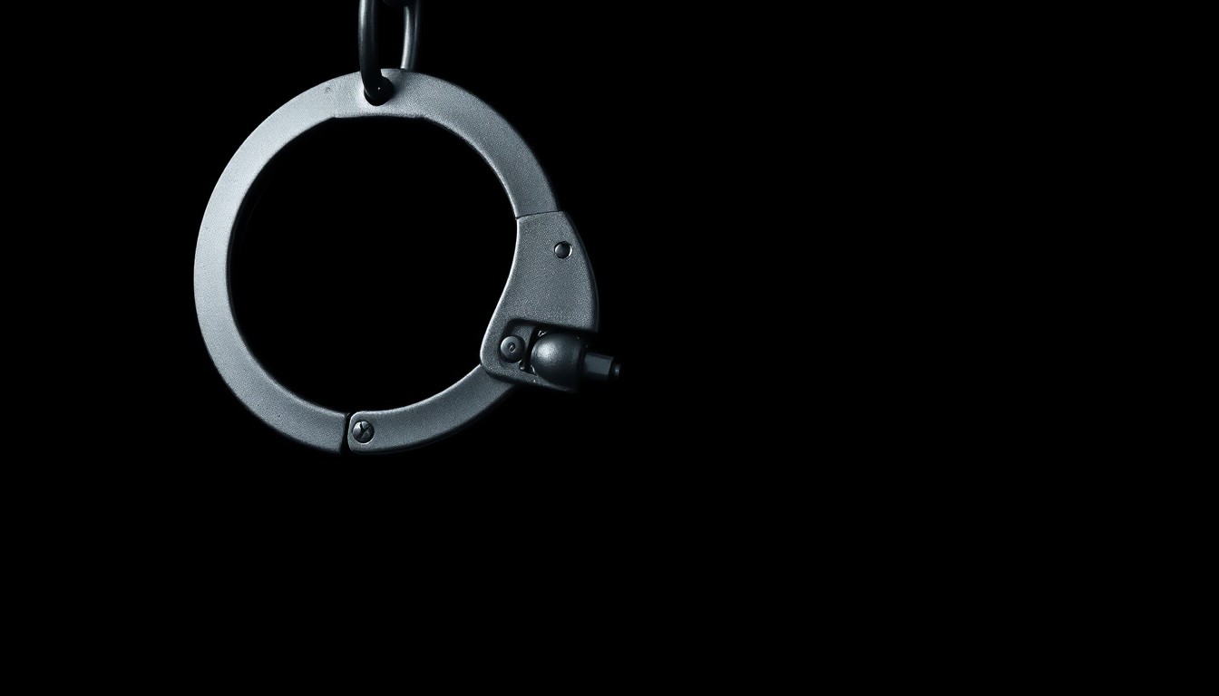 An extreme close-up photograph of a handcuff chain against a pitch-black background, the metal links and ratchet mechanism the sole focus under harsh, direct lighting, creating a stark, gritty investigative aesthetic.