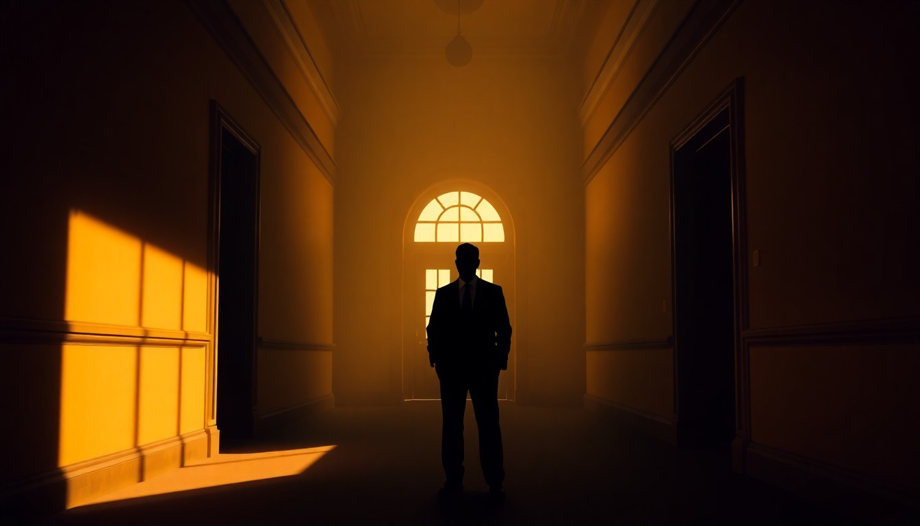 A moody, cinematic painting of a lone political figure standing in the shadows of an empty government building, with warm light streaming in from a window, creating a somber, contemplative mood.