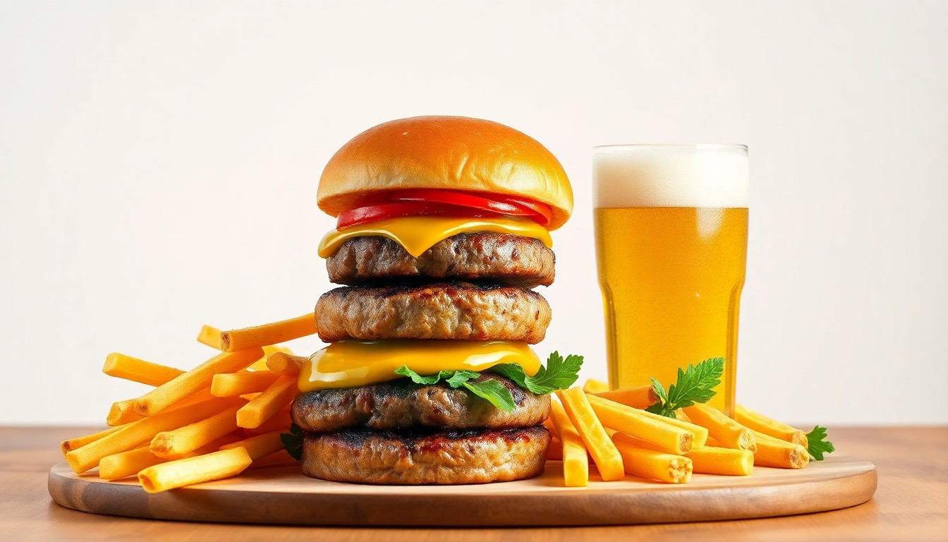 A high-end, photorealistic studio still-life photograph featuring a stack of freshly grilled hamburger patties, a pile of crisp french fries, and a glass of frothy craft beer against a clean, monochromatic seamless background, conceptually representing the premium quality and craftsmanship of the Moxie Burger brand.