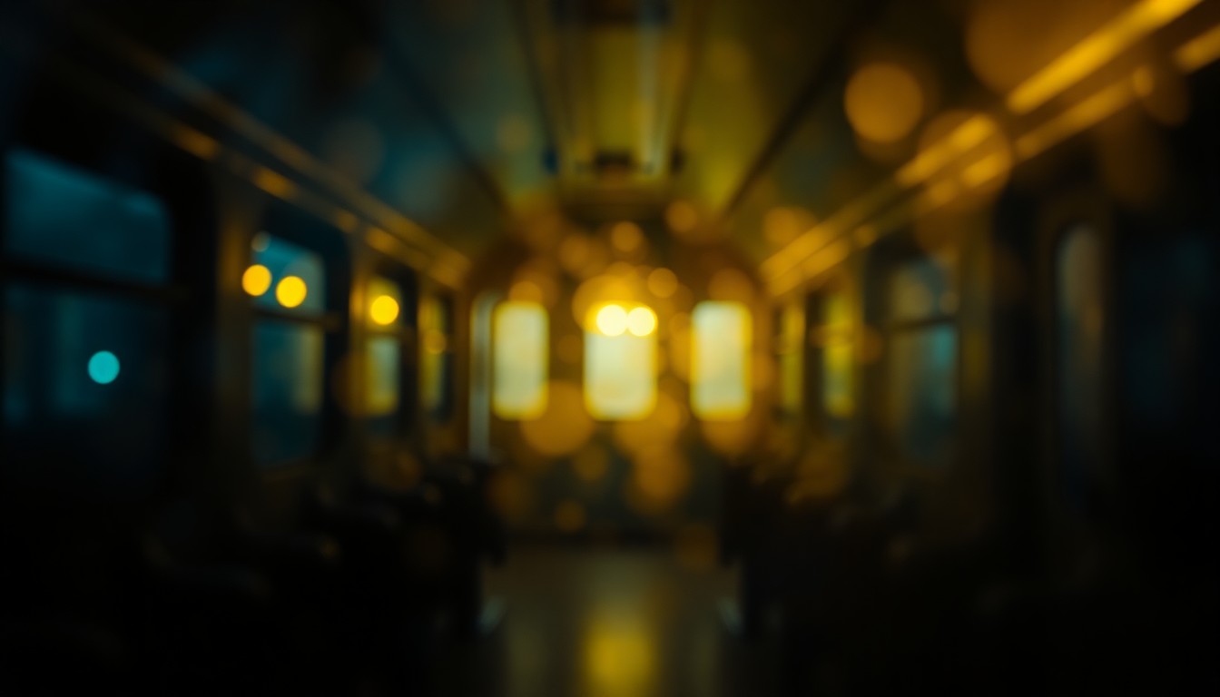 An abstract, impressionistic image of a dimly lit, empty train car interior, with soft, blurred pools of warm yellow and blue light, conveying a sense of isolation and vulnerability.