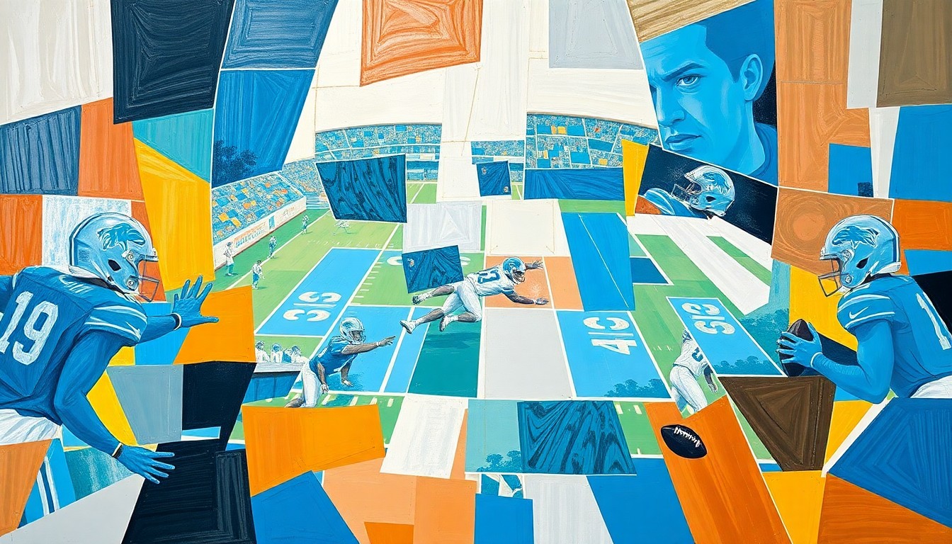 A cubist, geometric painting depicting a football game or match, with overlapping planes of Honolulu Blue and Silver representing the Detroit Lions. The abstract, fragmented composition captures the strategic, multifaceted nature of the team's free agency approach.