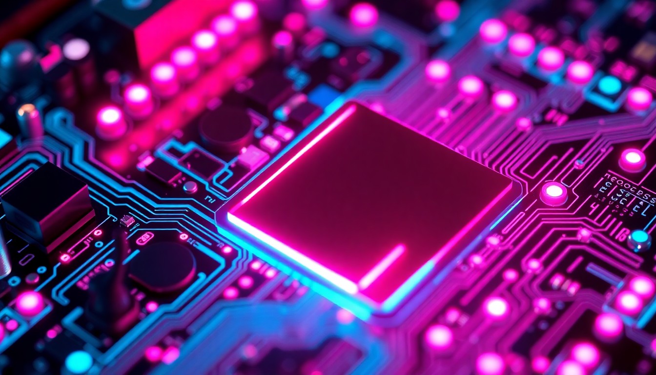 A highly detailed, glowing 3D macro illustration of a futuristic, illuminated circuit board with pulsing neon cyan and magenta lights, conceptually representing the advanced AI and digital infrastructure powering Google's latest innovations.