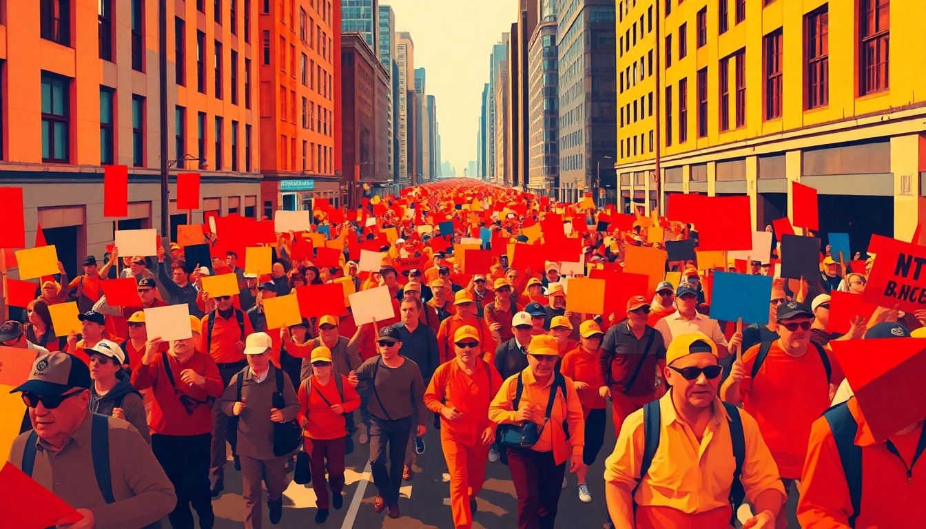 A vibrant, fractured painting depicting a large crowd of protesters marching down a city street, their figures repeated and overlapping in waves of bright, fiery colors, conveying the energy and momentum of a labor strike.