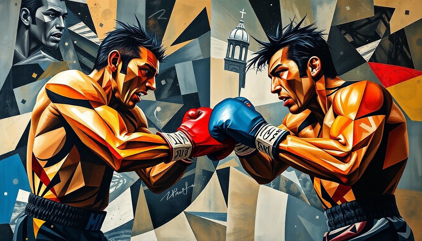 A cubist-style painting depicting the abstract forms of two boxers engaged in a match, with sharp geometric planes and overlapping shapes conveying the raw energy and motion of the fight.