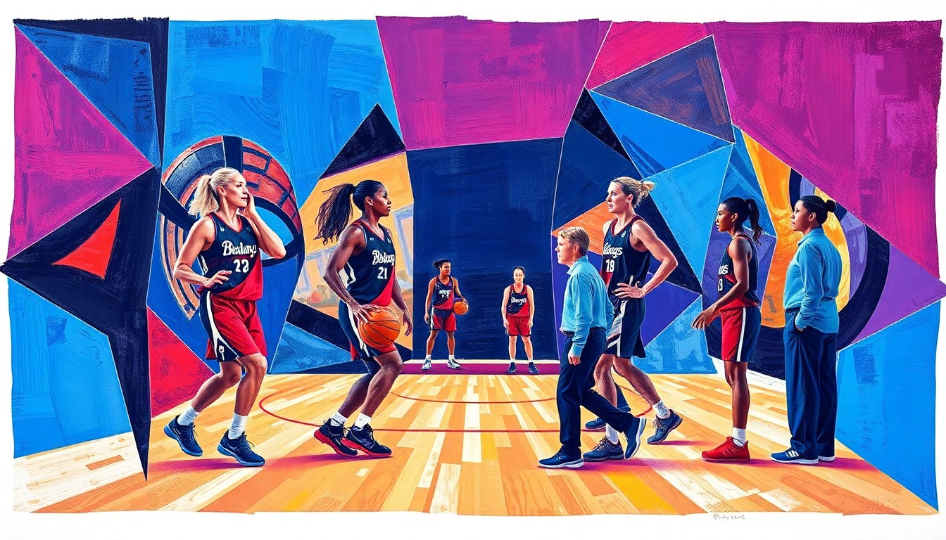 A cubist, geometric painting depicting abstracted basketball players and coaches in a dynamic, multi-angled composition, conveying the innovative spirit of the Liberty's coaching overhaul.