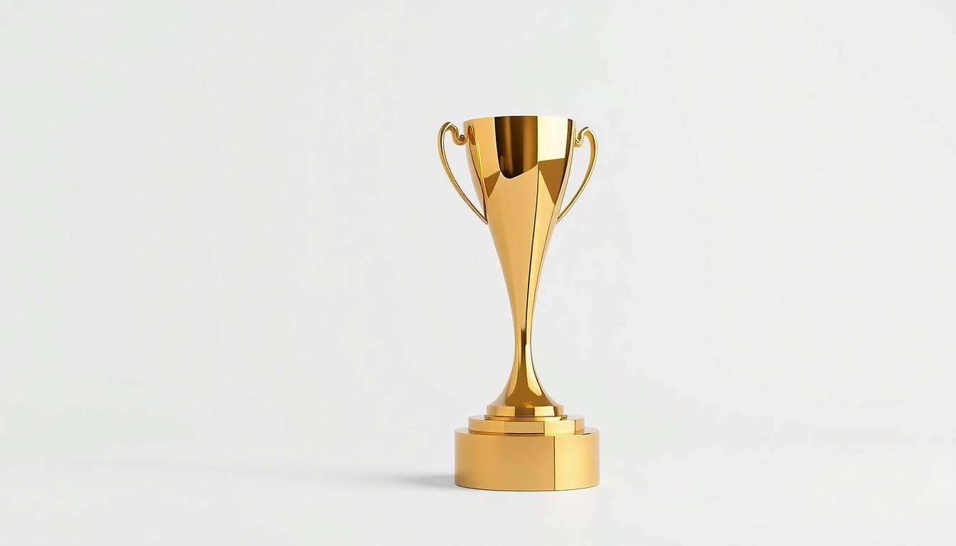 A photorealistic studio still-life photograph of a polished, golden trophy award with a sleek, modern design, conceptually representing the prestigious Fashion Forward Award and the recognition of Daniella Vitale's leadership and impact on fashion education.