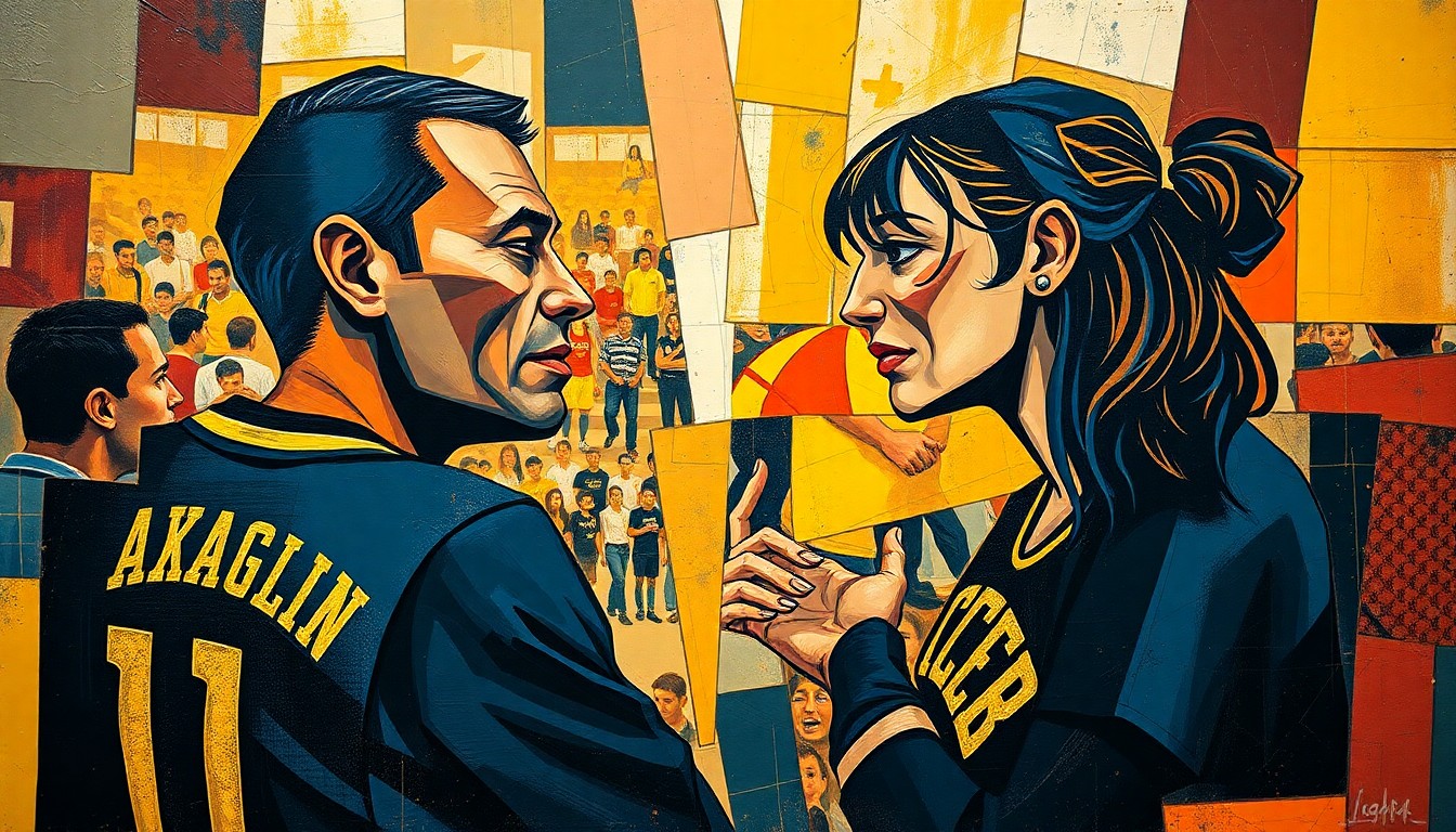 A cubist, geometric painting depicting a fractured, multi-perspective scene of a heated conversation between two people, conceptually representing the viral video of Pacers fans at a Nets game.