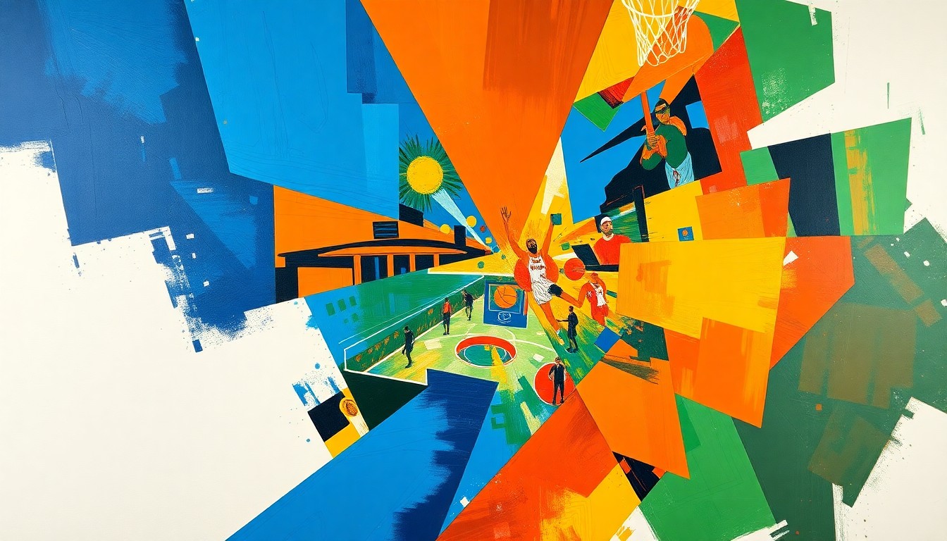 A fragmented, cubist-style painting depicting a basketball game or match, with sharp, overlapping geometric shapes and planes in vibrant colors, capturing the dynamic energy and multi-dimensional nature of a professional athlete's career expansion.