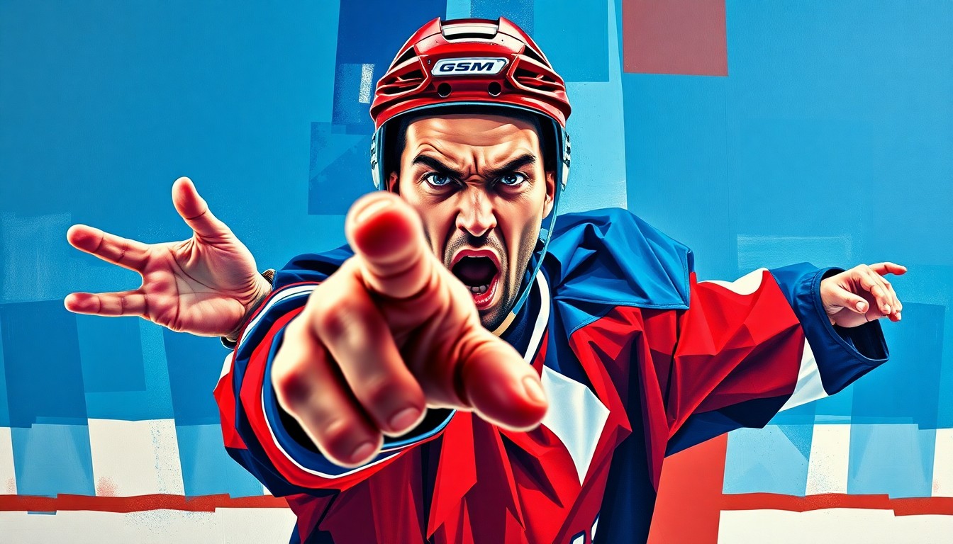 A fractured, geometric painting depicting a hockey player's hand raised in a frustrated gesture, the image broken down into sharp, overlapping planes of vibrant blue, red, and white colors.