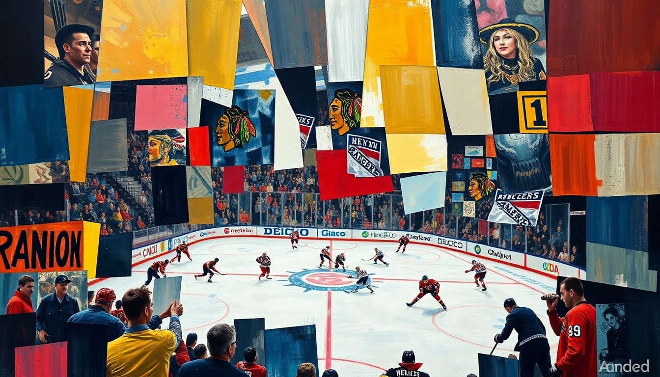 A cubist, geometric painting depicting a hockey game, with overlapping planes of color and form representing the dynamic action on the ice.