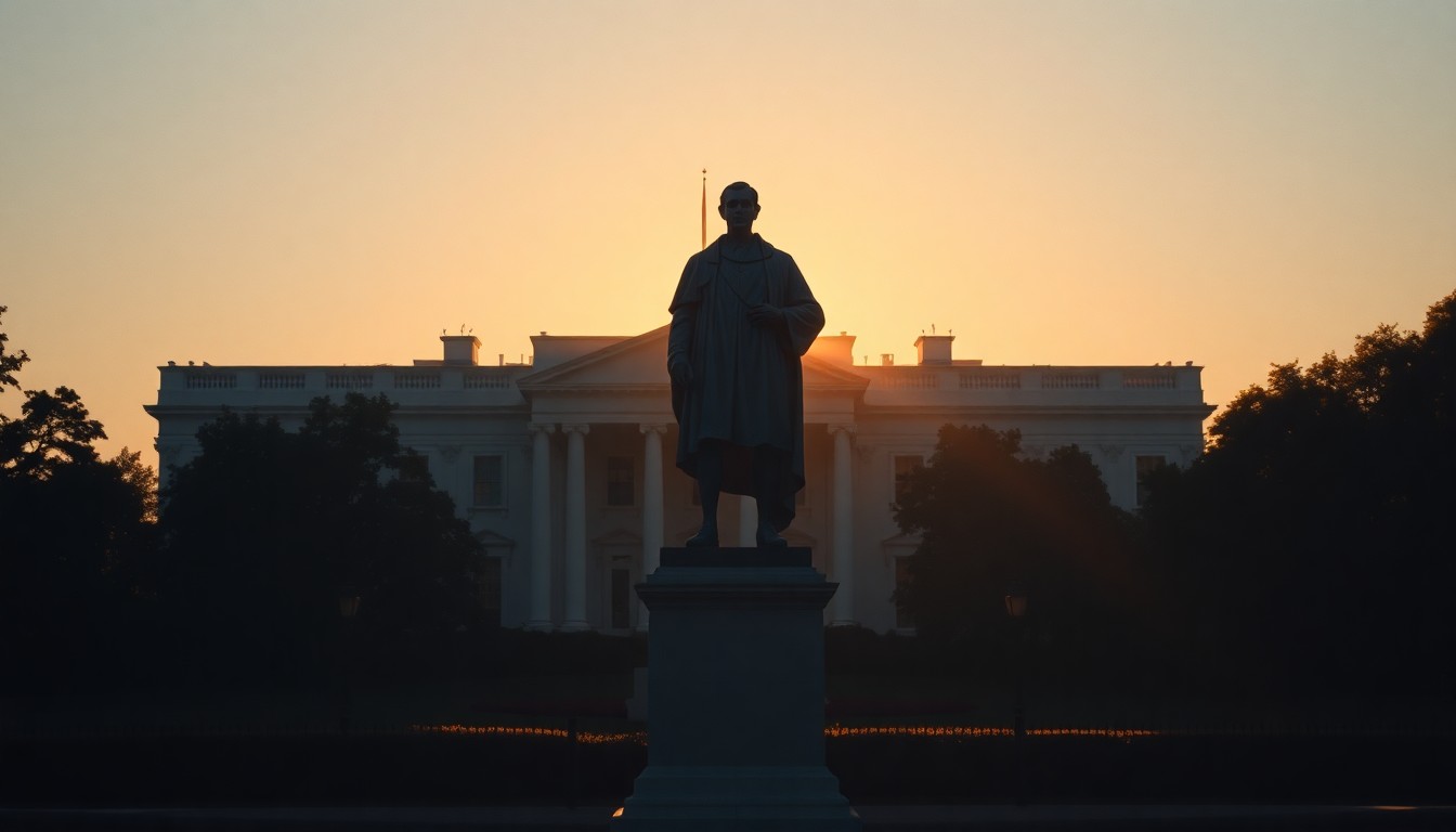 A serene, cinematic painting depicting a solitary statue of Christopher Columbus standing in front of the White House, bathed in warm, diagonal sunlight and deep shadows, conveying the complex and often contentious legacy of the Italian explorer.