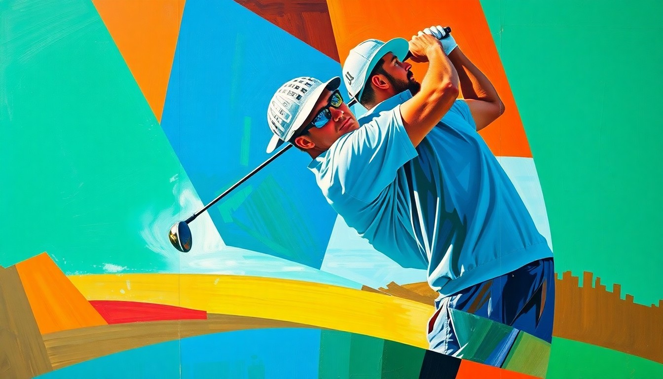 A fractured, cubist-style painting depicting the dynamic motion of a golf swing, with sharp geometric shapes in vibrant colors representing the power and precision of elite athletes competing across disciplines.