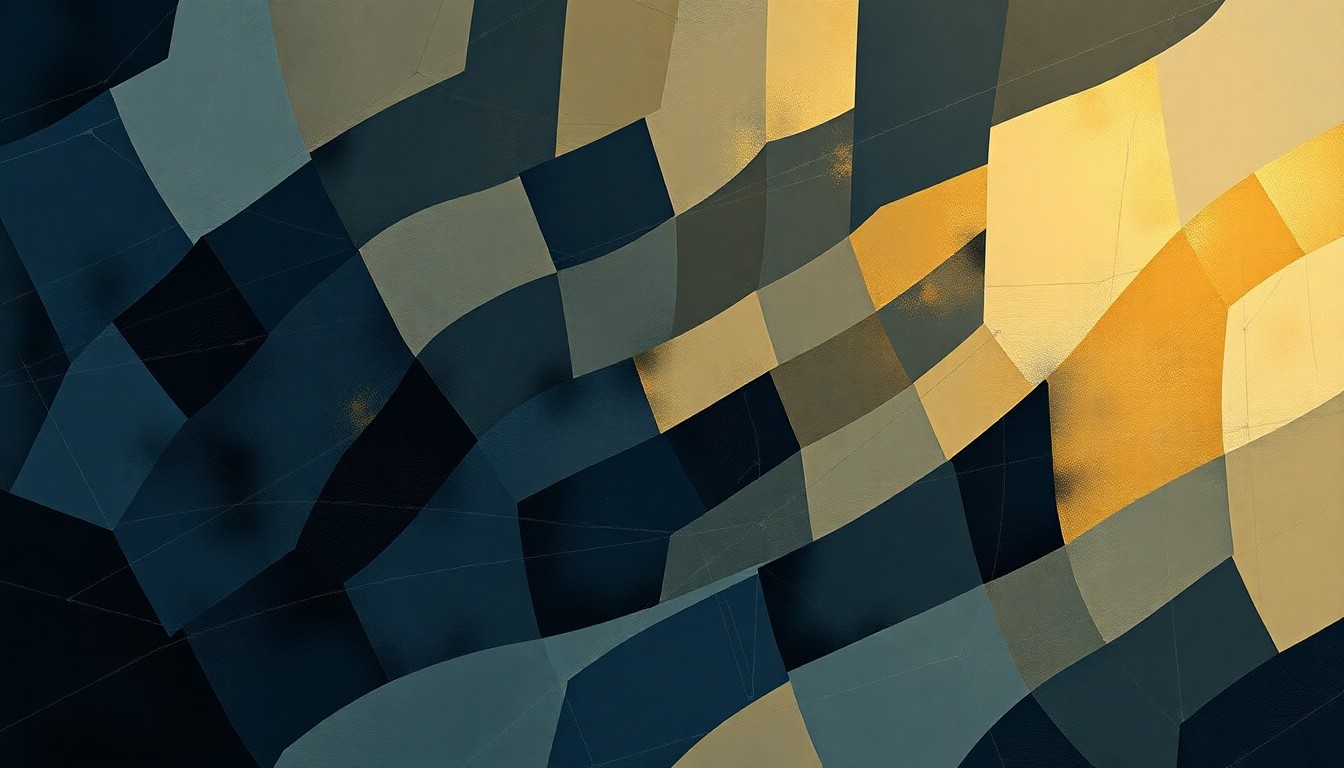 A fractured, abstract painting depicting overlapping geometric shapes and waves of dark blue, charcoal gray, and muted gold, representing the complex and uncertain economic landscape.