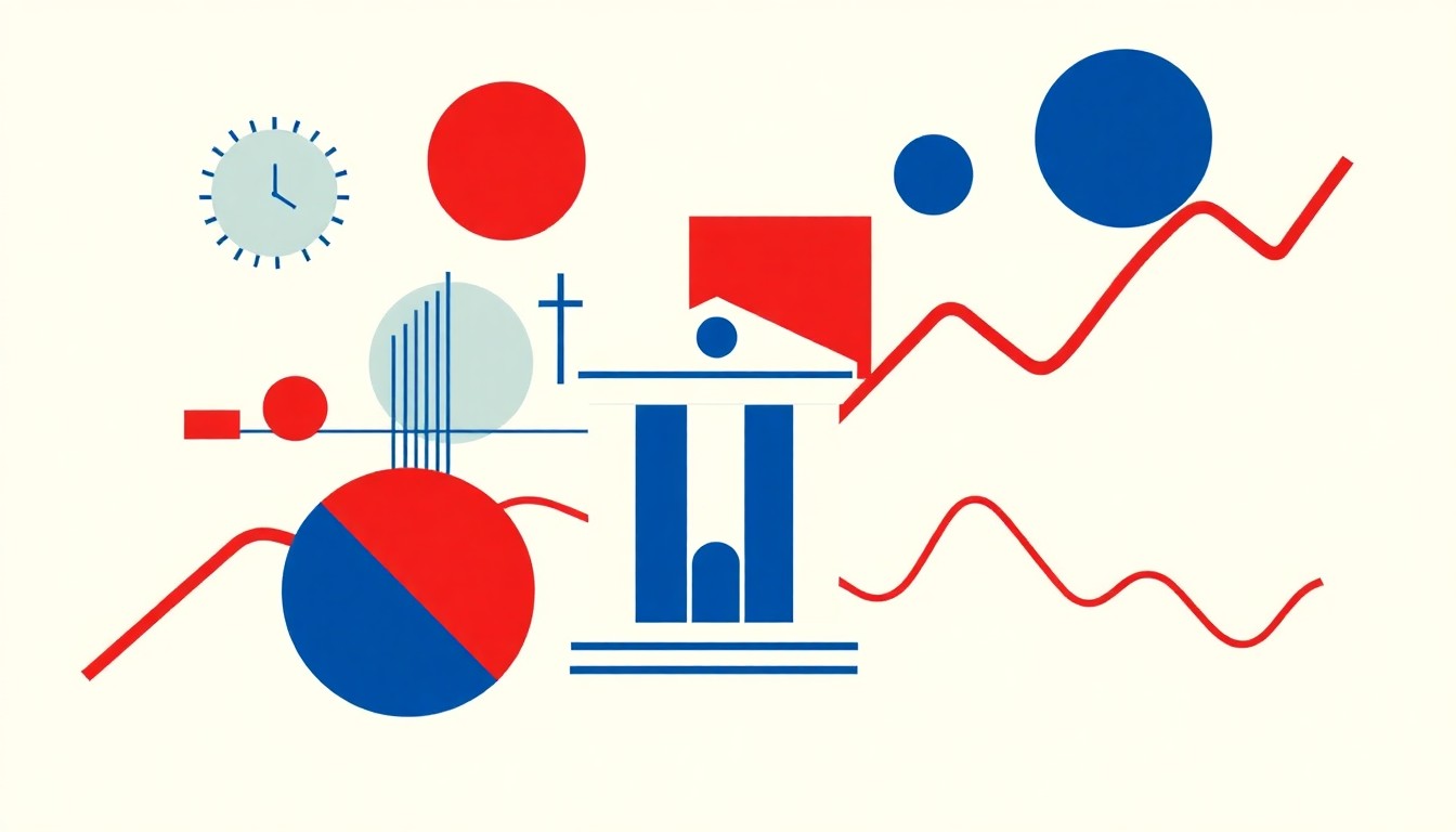 A minimalist illustration composed of overlapping geometric shapes in primary colors, conceptually representing the complex economic factors and trends discussed in the Federal Reserve Chair's speech.