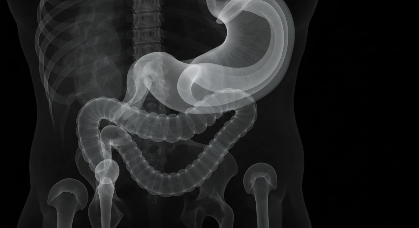 A translucent X-ray photograph showing the internal structures of the human digestive system, including the stomach and intestines, in glowing ghostly lines against a dark background, conceptually illustrating the physiological changes enabled by bariatric surgery for weight loss.