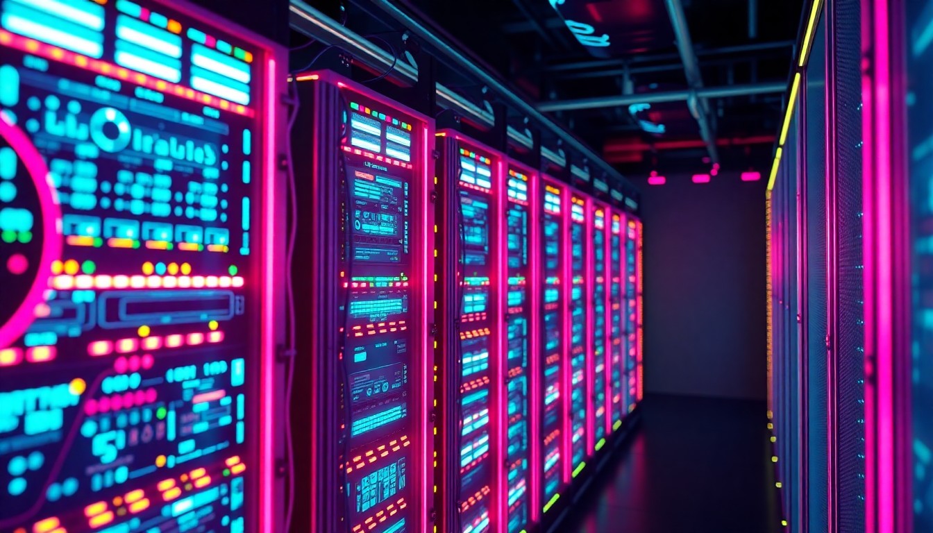 A highly detailed, glowing 3D illustration of a futuristic, illuminated server rack or data center infrastructure, rendered in a neon cyan and magenta color palette, conceptually representing the complex, interconnected nature of modern software development and deployment.