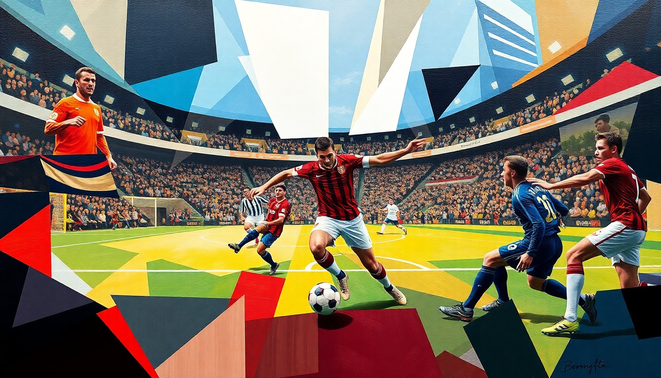 A cubist, geometric painting depicting the key moments of the soccer match between Bologna and Aston Villa, with the players' movements and the ball's trajectory represented through a fractured, multi-perspective visual style.