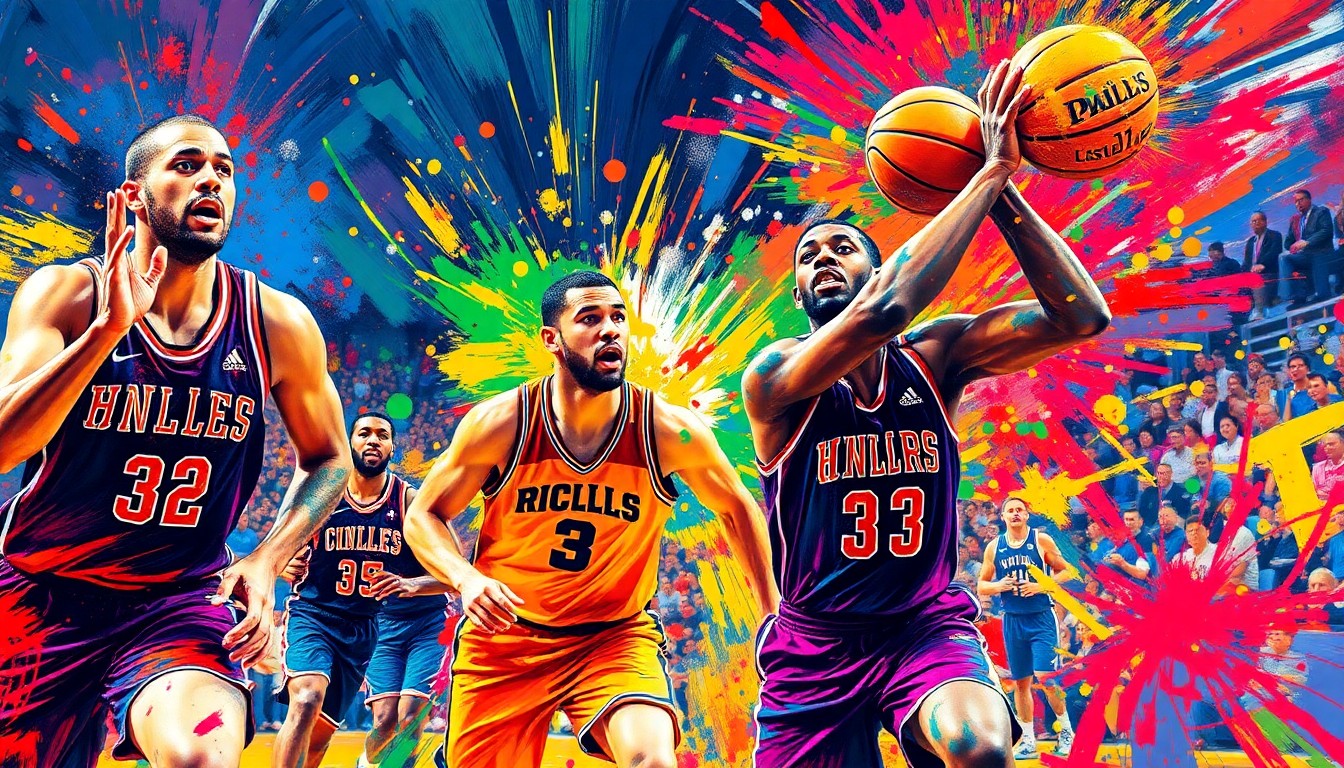 A dynamic, abstract painting in neon colors and expressive brushstrokes, depicting the fast-paced action and raw emotion of a college basketball game.