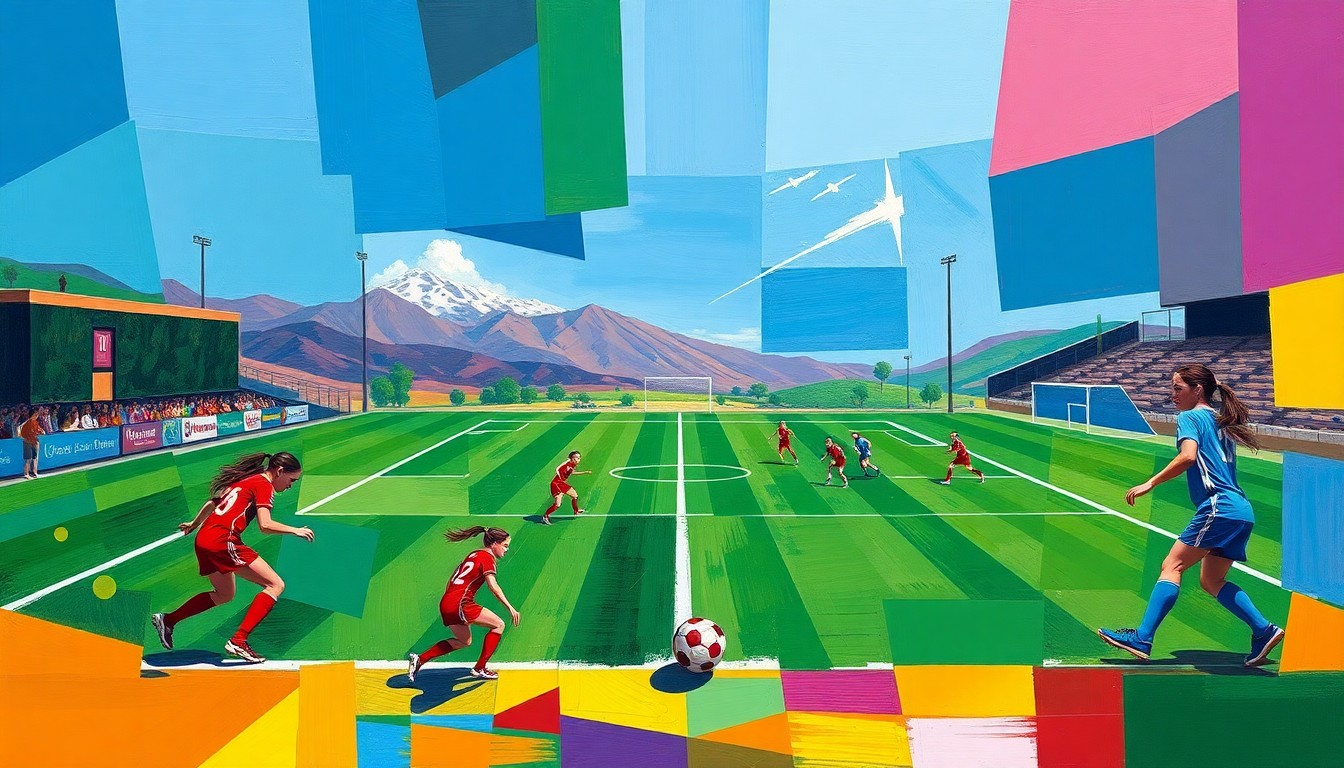 A fractured, geometric painting depicting a girls soccer match between two teams, with the players and field broken down into overlapping planes of bright, vibrant colors.