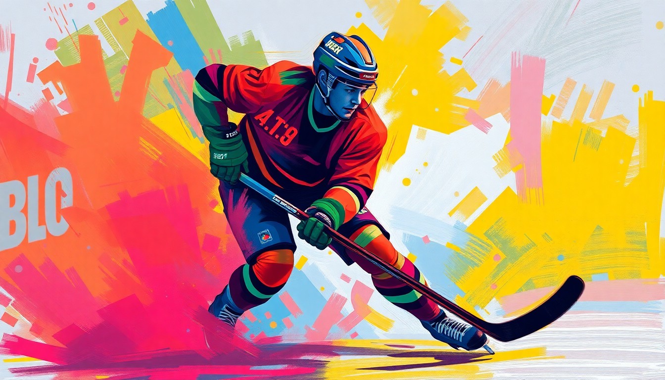 An abstract, neon-colored painting depicting a hockey player in mid-action, with rapid brushstrokes and vibrant colors capturing the raw energy and intensity of the sport.