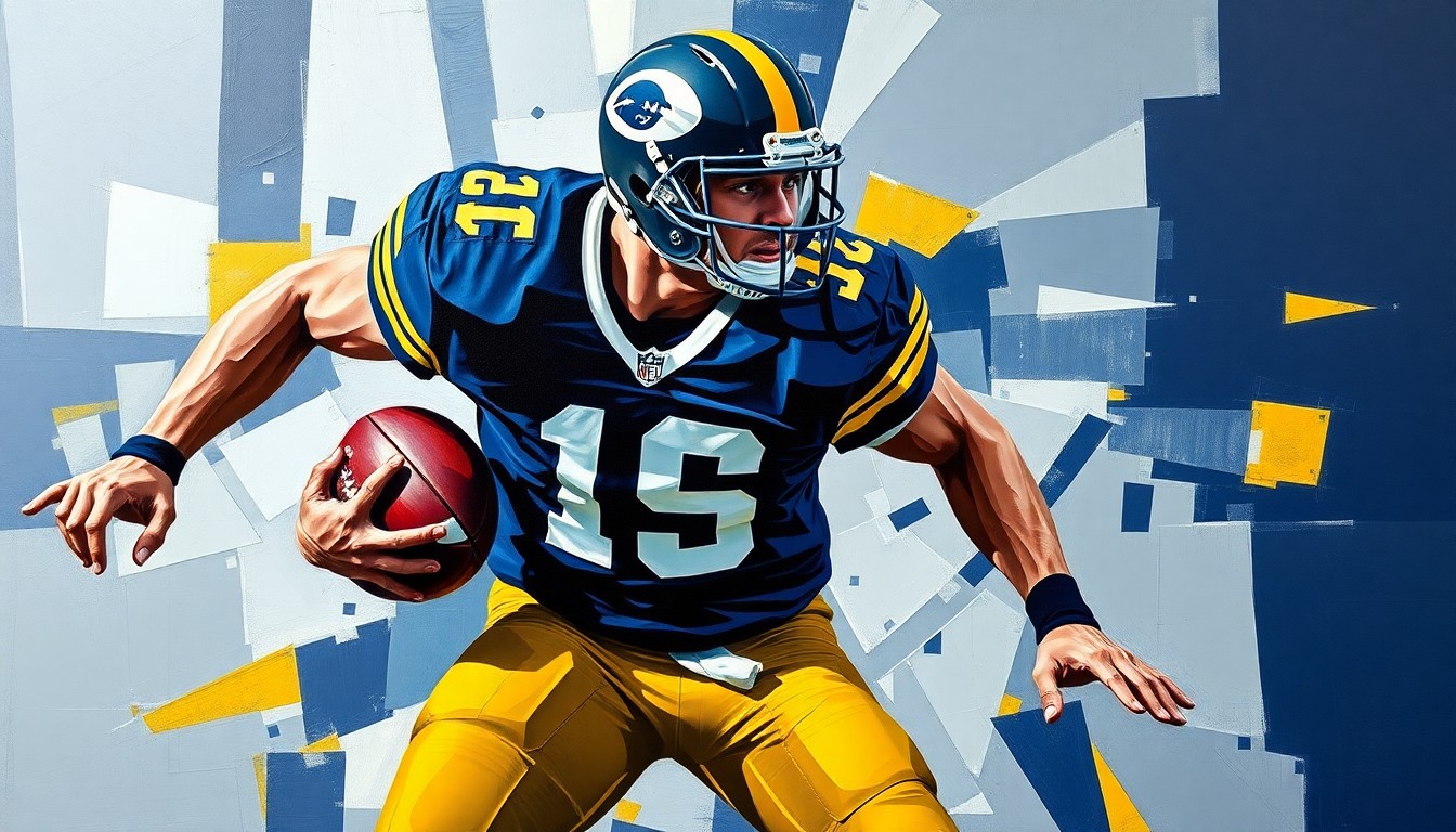 A fragmented, geometric painting depicting an American football player in motion, with sharp, overlapping planes of navy blue, gold, and white, conveying the strategic focus on the offensive line.