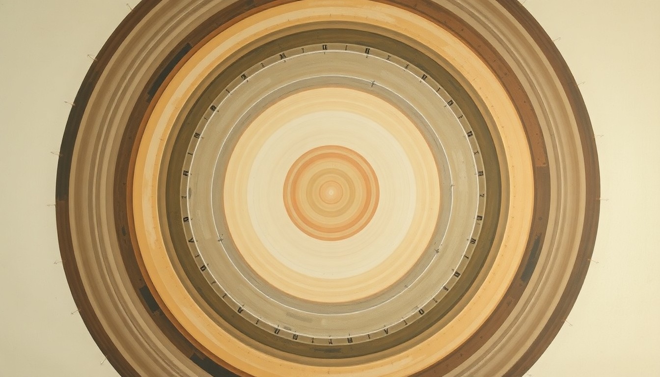 A highly structured abstract painting in earthy tones, featuring sweeping geometric arcs, concentric circles, and precise botanical spirals, conceptually representing the structural order and obstacles of the renewable energy transition.