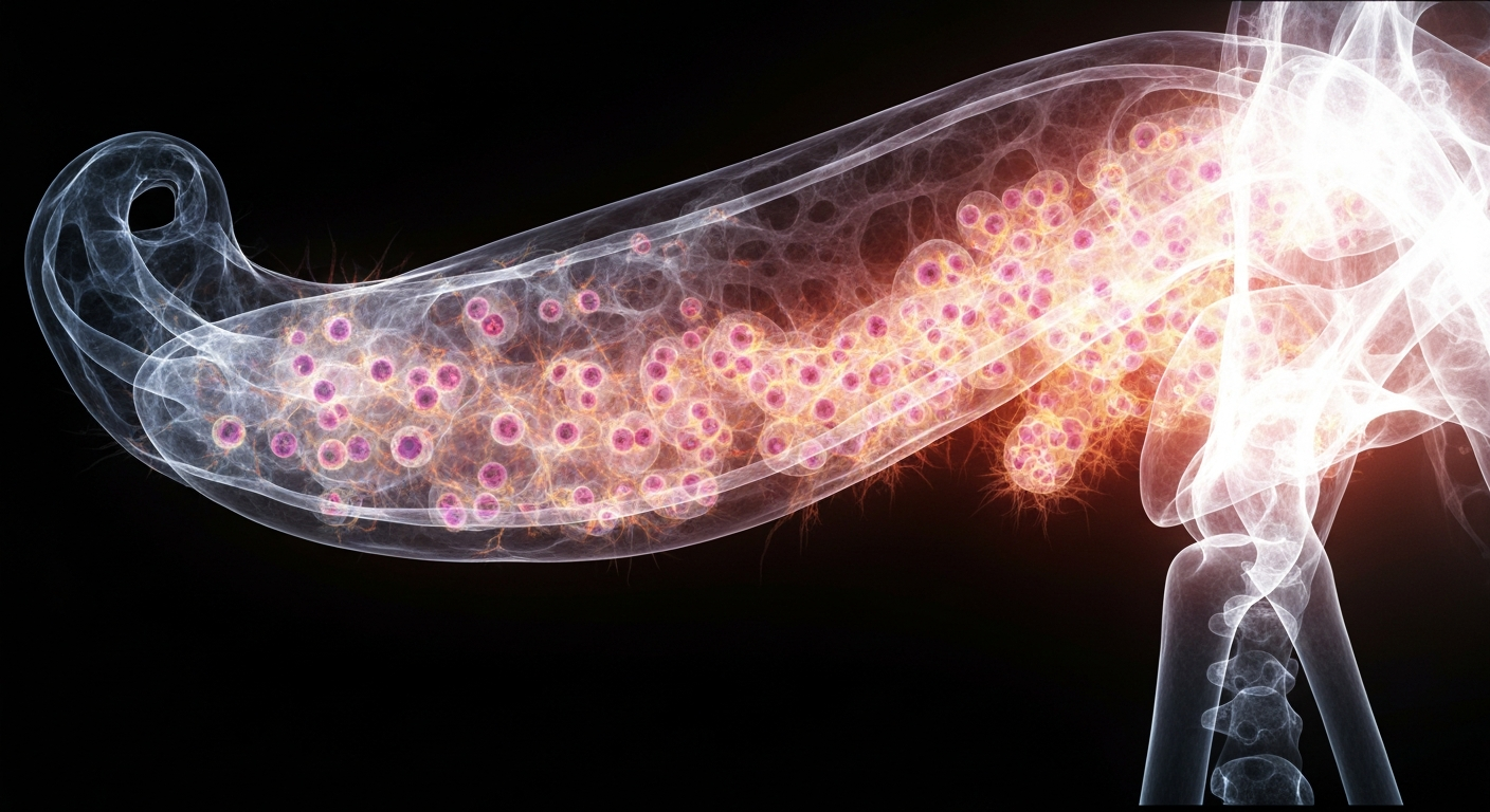 An ethereal, ghostly X-ray image showing the complex internal structures of a pancreatic tumor, with intricate networks of glowing lines representing the dynamic interactions between cancer cells and immune cells.