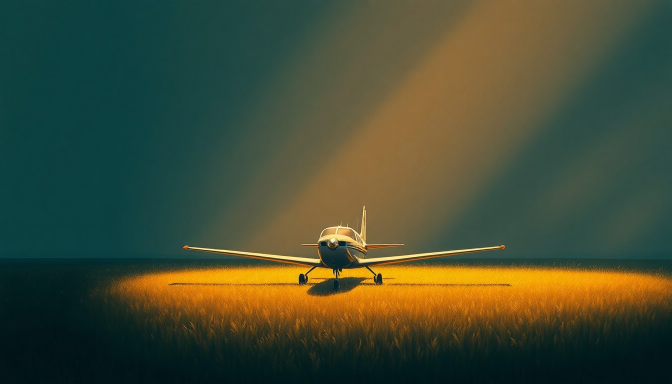A serene, photorealistic painting of a small private plane resting in a grassy field, with warm sunlight and deep shadows creating a contemplative, cinematic mood that reflects the gravity of the emergency landing incident.