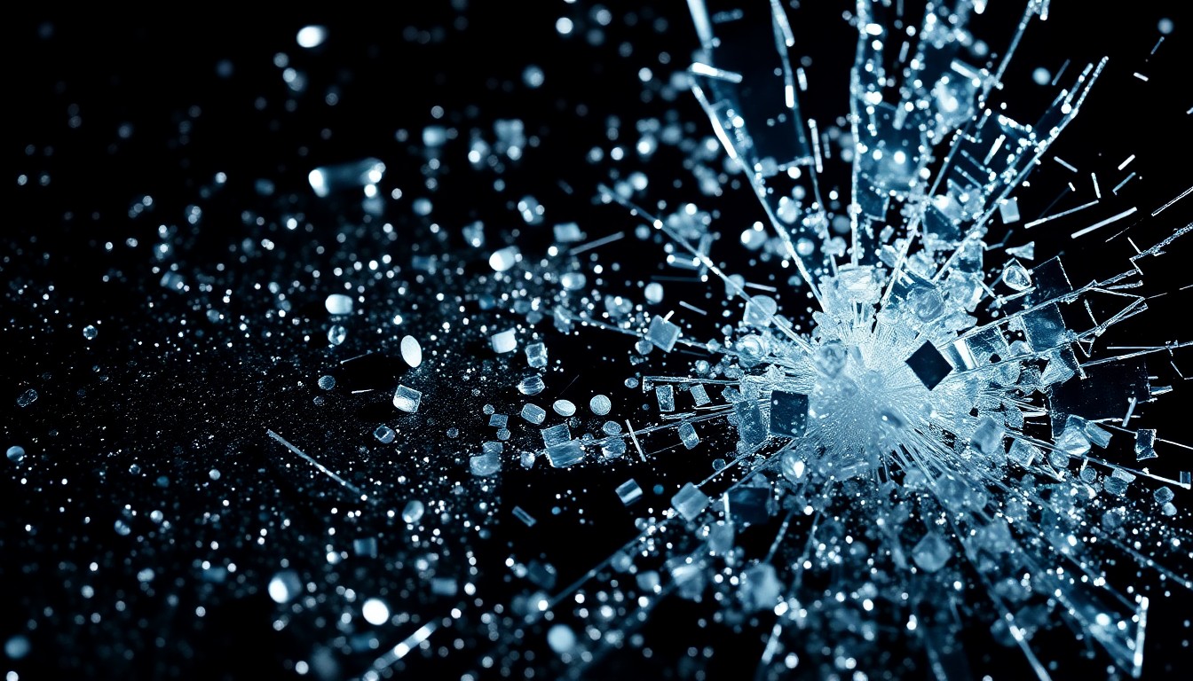 An extreme close-up photograph of shimmering sequins and shattered glass, captured in dramatic studio lighting to create a high-contrast, glamorous aesthetic that conceptually represents the drama and stakes of the entertainment industry.