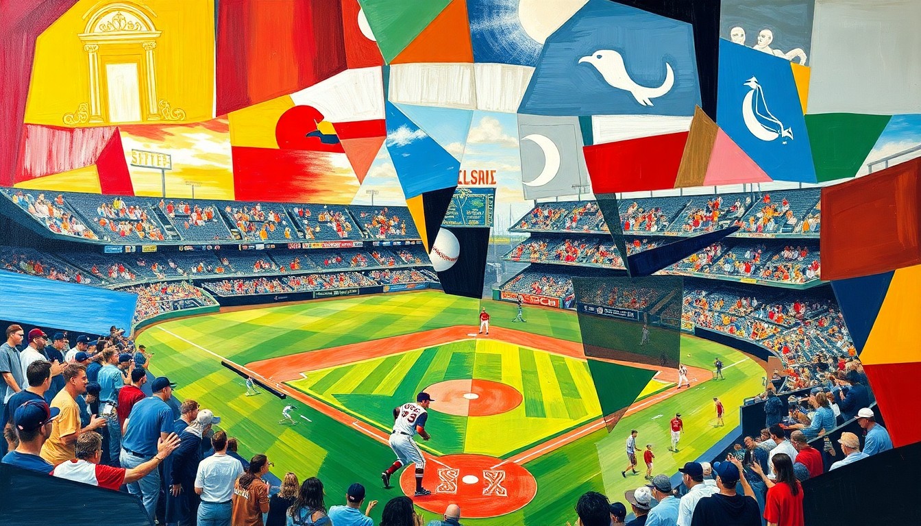 A cubist-style painting featuring sharp, overlapping geometric shapes and planes that deconstruct a Red Sox baseball game, capturing the chaotic energy and tension of the team's early-season struggles.