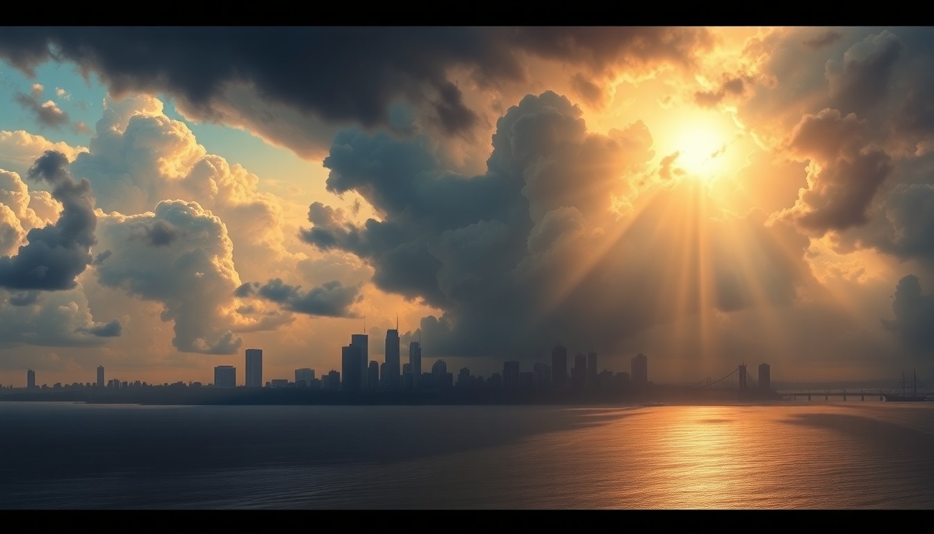 A sweeping, atmospheric landscape painting depicting the Baltimore skyline on the Chesapeake Bay, with the city's buildings and structures dwarfed by the dramatic, natural environment of the sky and water.