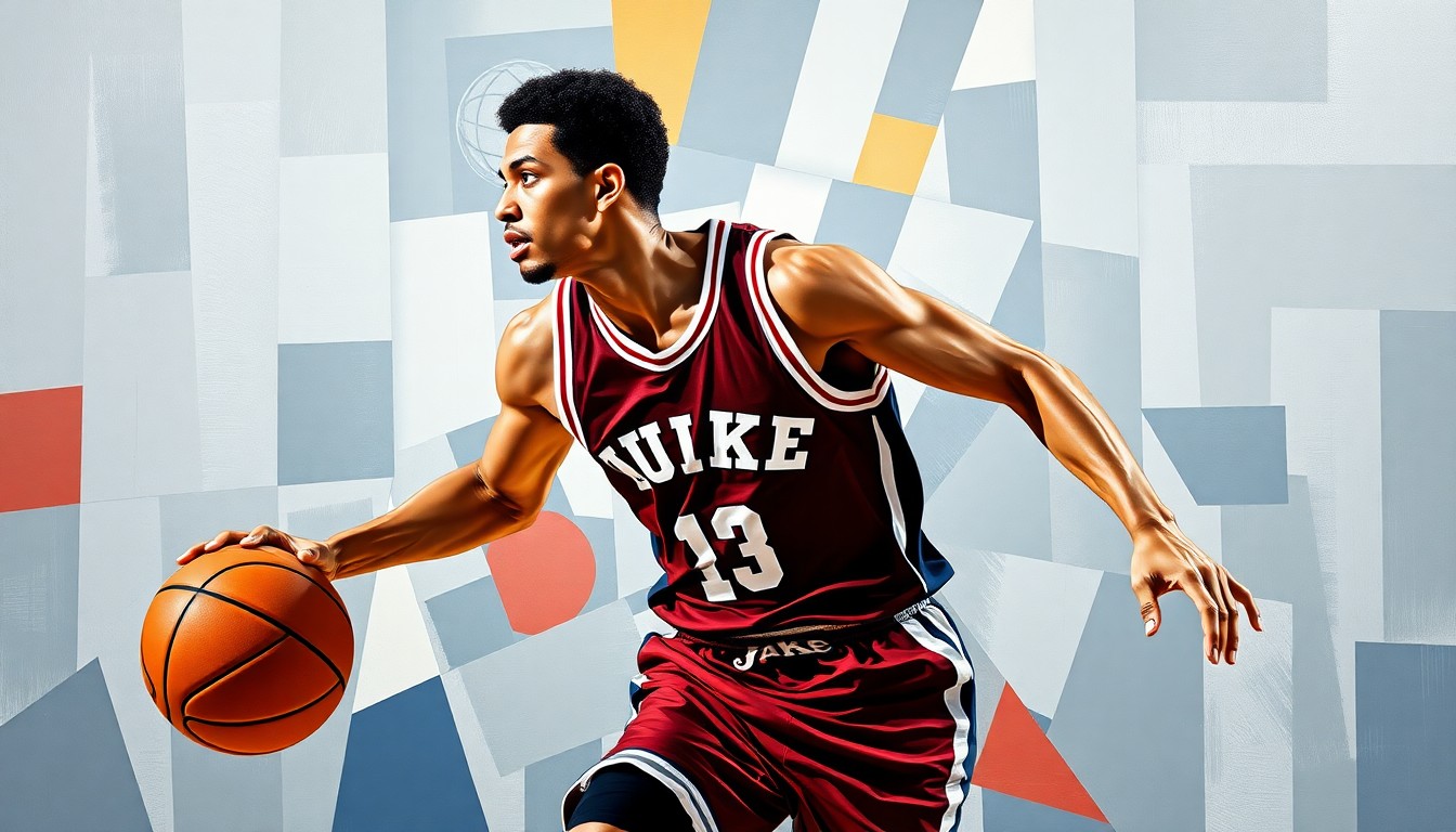 A fragmented, geometric painting depicting a college basketball player in motion, with the colors of the three schools involved in the recruitment process visible in the overlapping shapes and planes.
