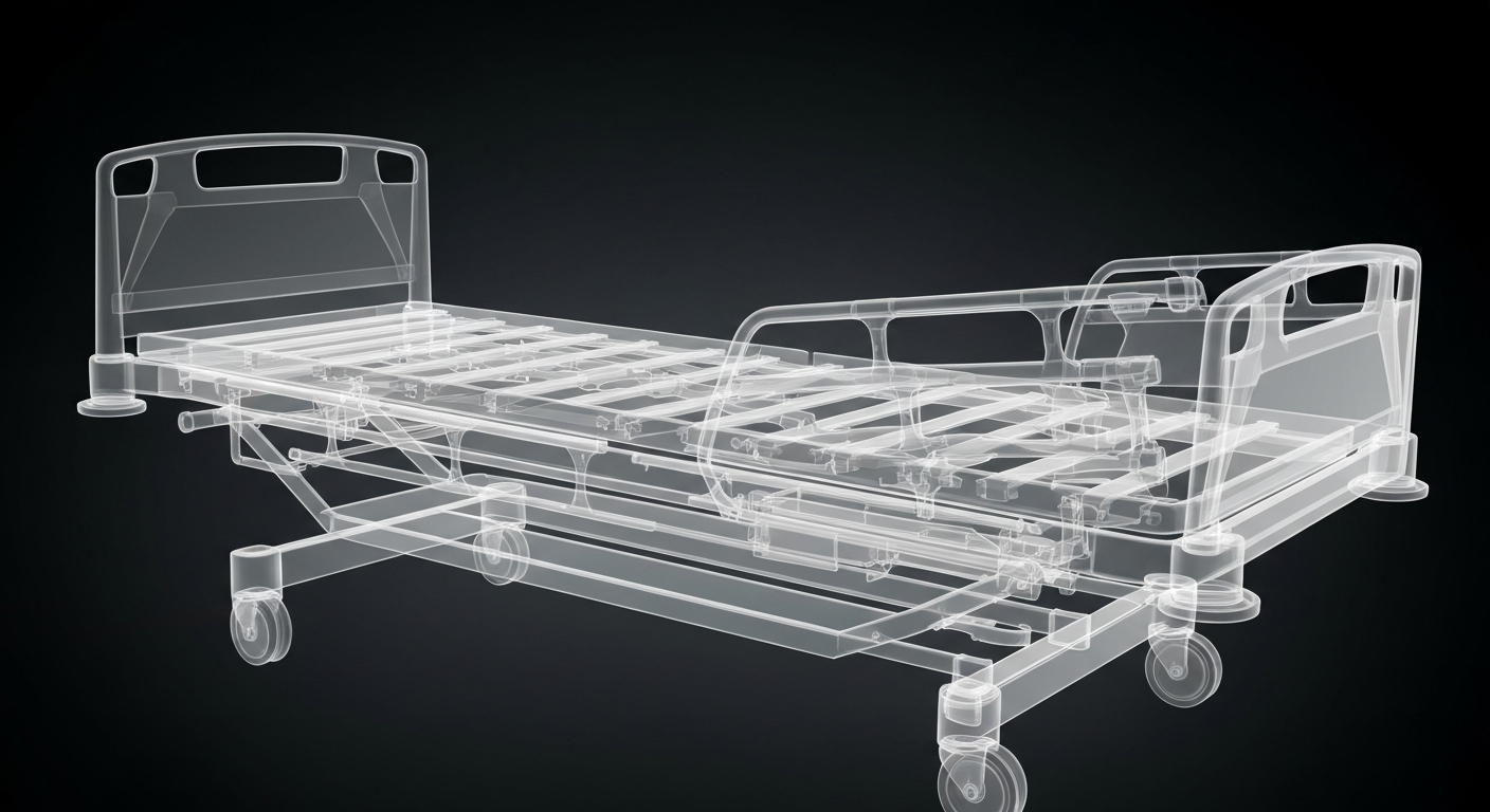 A highly detailed, translucent X-ray photograph of a modern hospital bed frame, revealing the intricate internal structure and mechanics in a ghostly, glowing outline against a dark background.