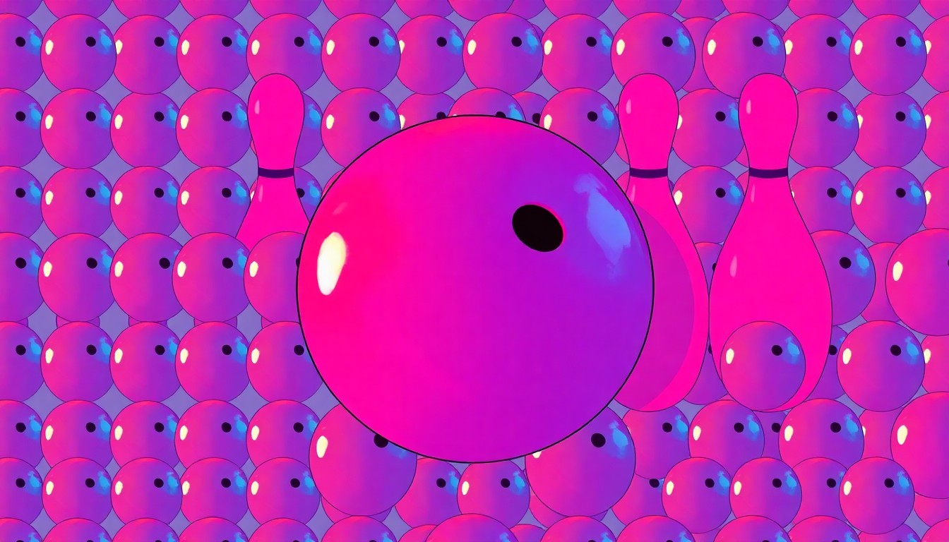 A vibrant, high-contrast silkscreen print featuring a grid of stylized duckpin bowling balls in neon pink, yellow, and blue hues, capturing the playful and nostalgic spirit of the new entertainment amenities coming to the Silos development.