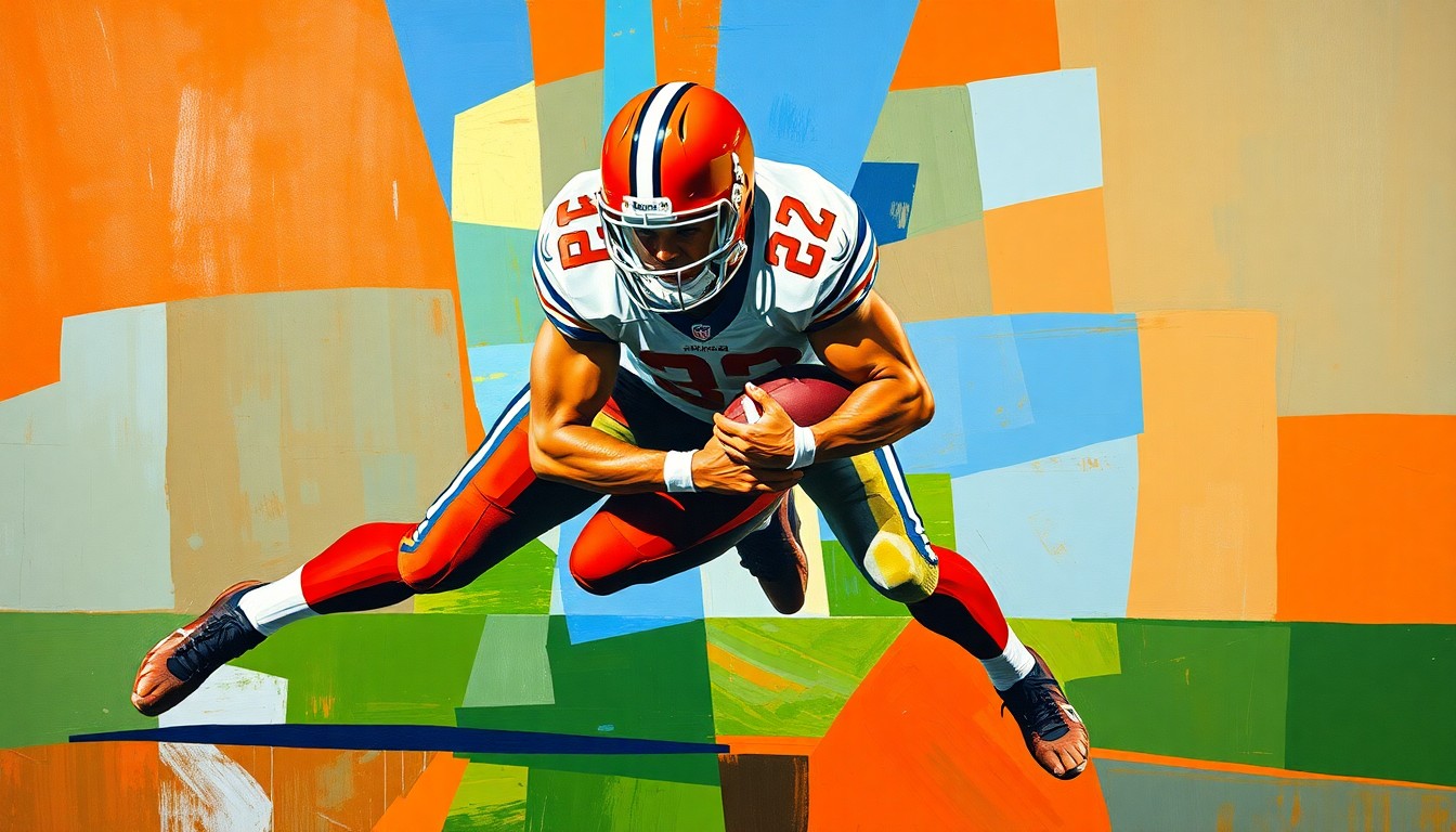 A fragmented, geometric painting depicting the dynamic movements of a linebacker in action, with sharp planes of color and overlapping perspectives.