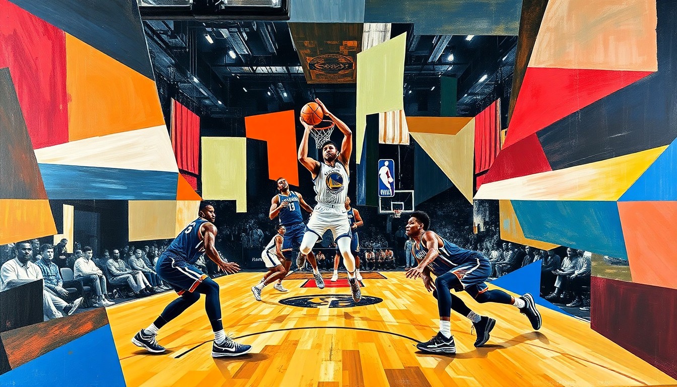 A cubist, geometric painting depicting a basketball game with overlapping, fragmented shapes and planes in vibrant colors, representing the dynamic competition between the three international NBA stars.