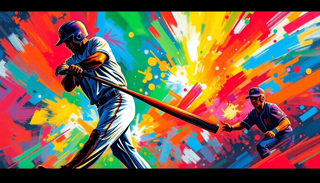 An abstract, expressionist painting in vibrant neon colors capturing the raw energy and excitement of a dramatic baseball game-winning hit, with the batter's silhouette dissolving into a blur of motion against a backdrop of swirling, energetic brushstrokes.
