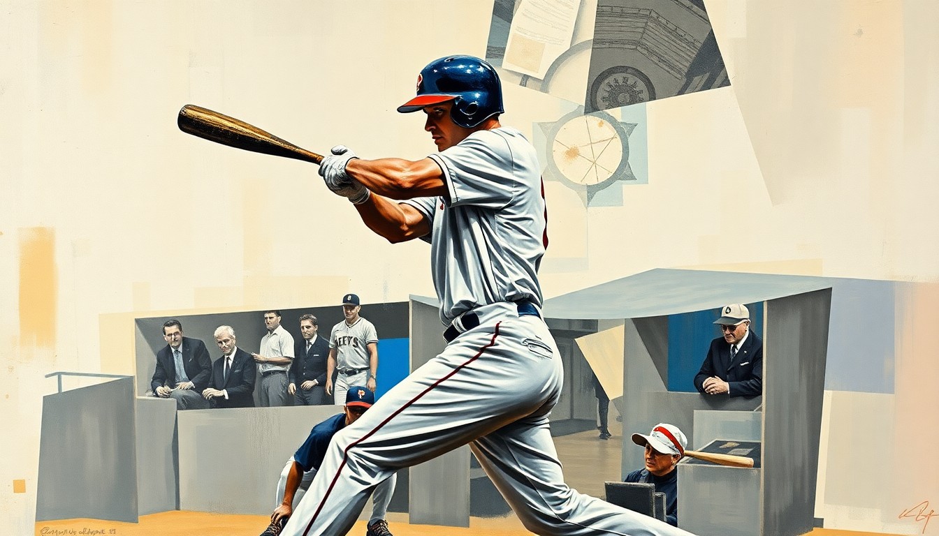 A fragmented, geometric painting depicting the overlapping planes and angles of a baseball player's swing, conveying the disruption caused by the player's injury.