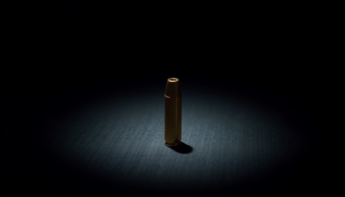 An extreme close-up photograph of a single bullet casing on a dark surface, lit by a harsh, direct camera flash, conceptually illustrating the aftermath of a deadly drug-related incident.