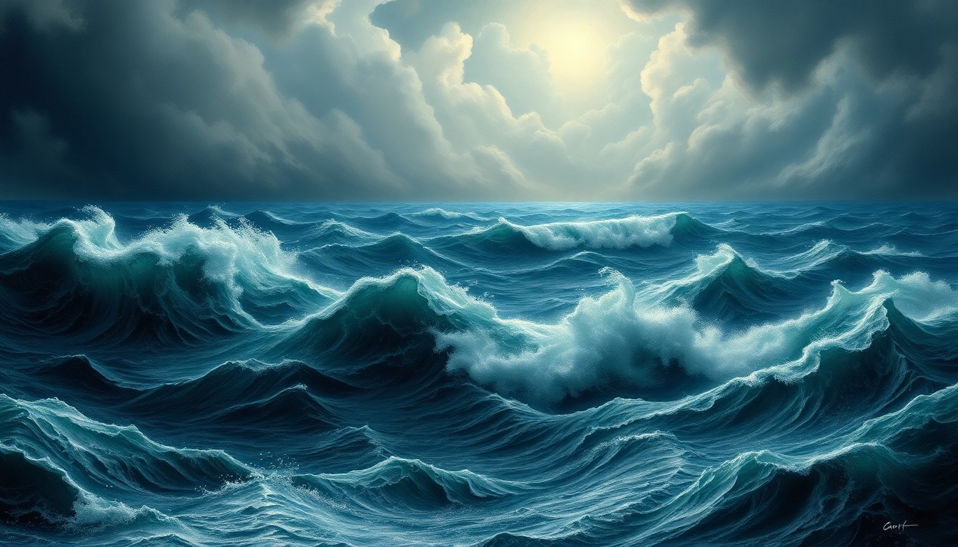 A sweeping, atmospheric landscape painting in muted blues and grays, depicting a turbulent ocean with massive, crashing waves that dwarf any visible structures or human figures on the distant shoreline.