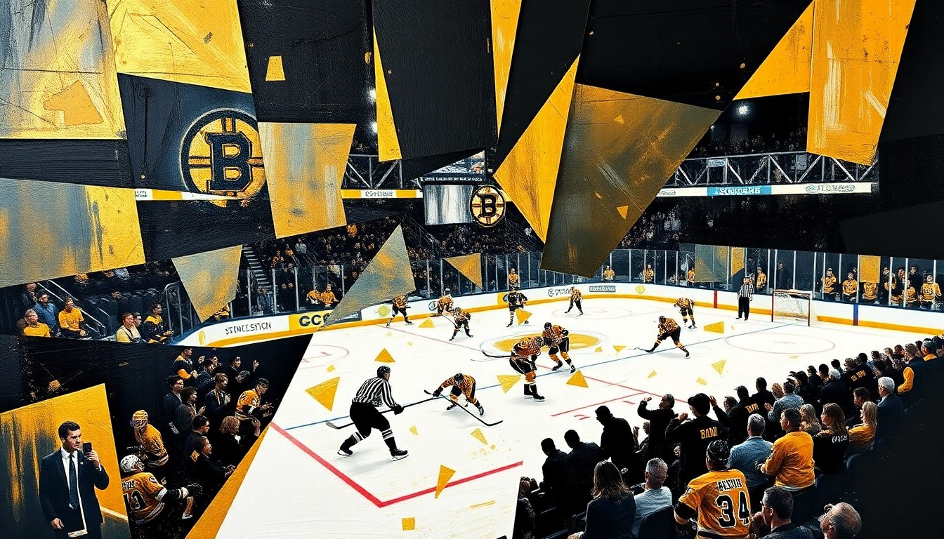 A cubist-style painting depicting a Boston Bruins hockey game, with the players and action broken down into sharp, overlapping geometric shapes in shades of black, gold, and white, conveying the intensity and unpredictability of the team's recent comeback performance.