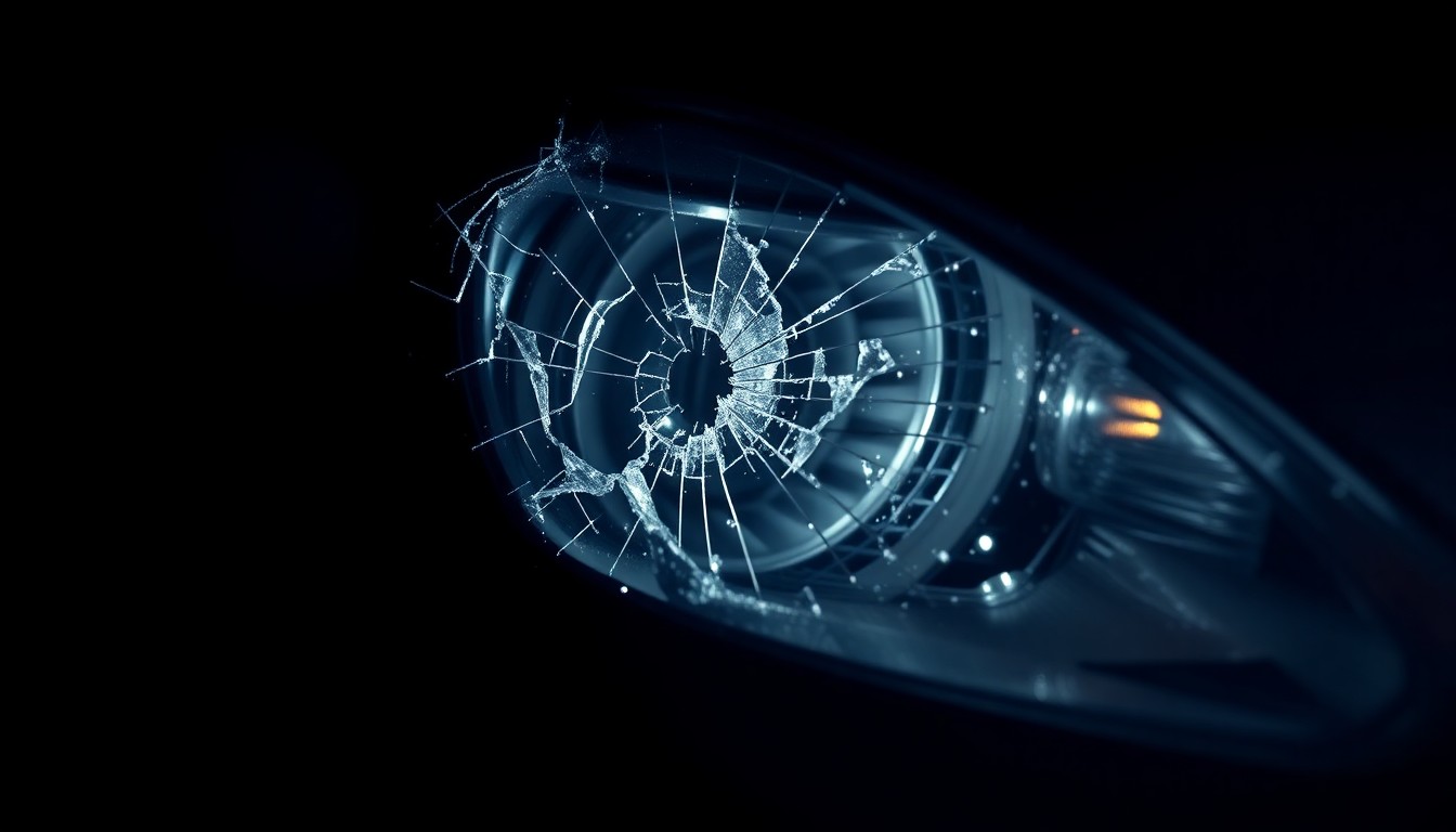 An extreme close-up photograph of a cracked and shattered car headlight lens, conceptually representing the aftermath of a fatal pedestrian collision.