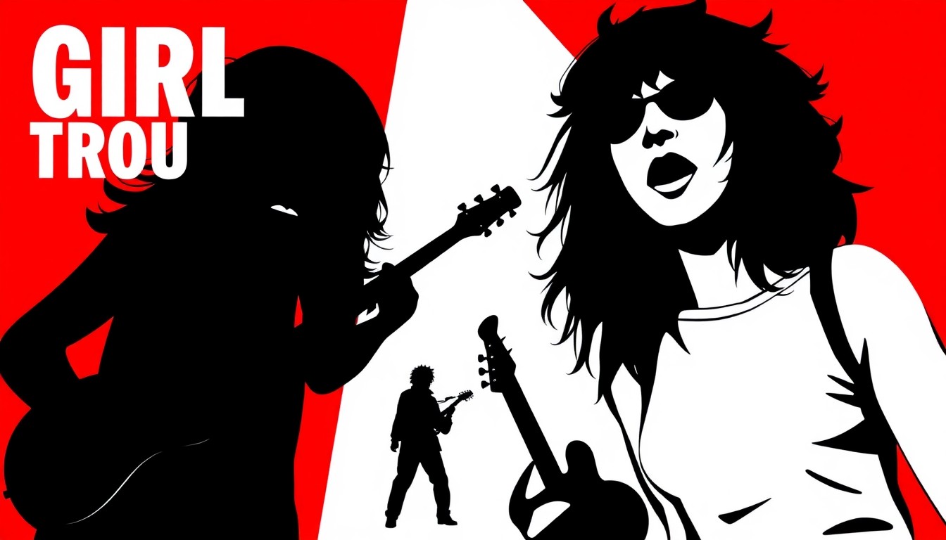 A bold, abstract illustration featuring stark black silhouettes and geometric shapes in high-contrast red and white, conceptually representing the raw, energetic sound of the Pacific Northwest garage rock band Girl Trouble.