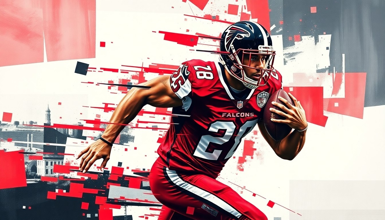 A fractured, cubist-style painting depicting a football player in motion, broken down into sharp, overlapping geometric shapes in the Falcons' team colors of red, black, and white, conveying the strategic and financial considerations behind the team's decision to release the veteran wide receiver.