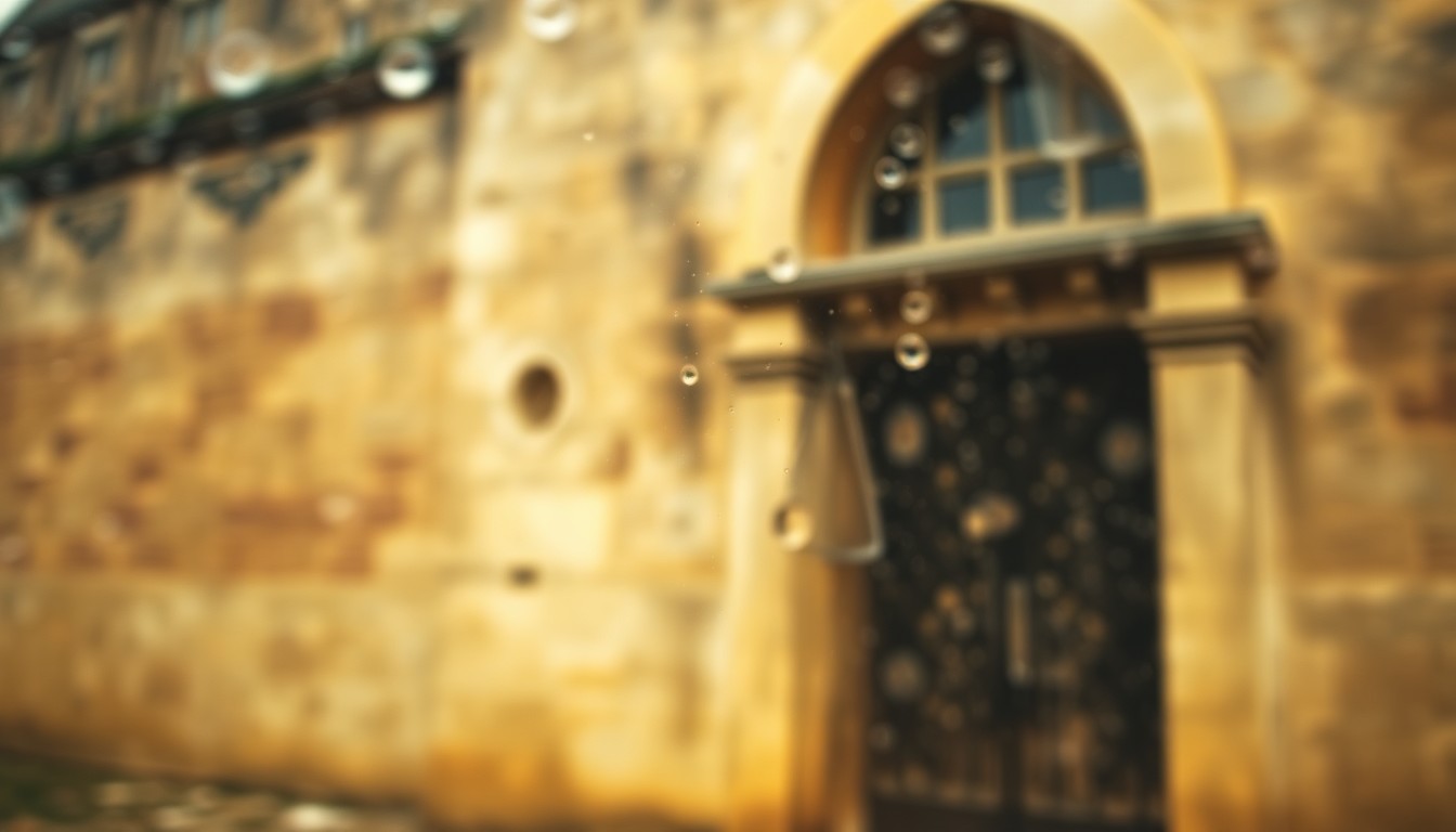 An impressionistic, out-of-focus image of an ancient stone building, its weathered facade obscured by soft, warm light and color, conveying the fragile state of Exeter's oldest landmark.