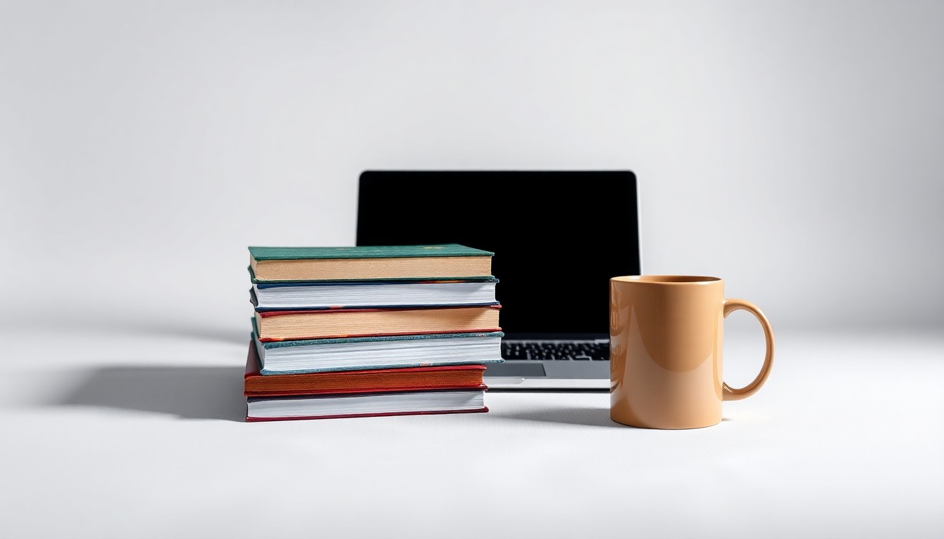 A photorealistic studio still-life featuring a stack of college textbooks, a laptop, and a coffee mug, conceptually representing the professional development and community engagement opportunities of the FuelAL program in Tuscaloosa.