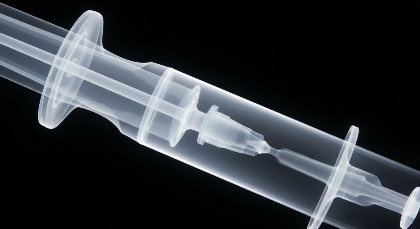 An extreme close-up X-ray photograph showing the intricate internal structure of a syringe, with the delicate components glowing against a dark background, conveying the fragility and complexity of public health harm reduction initiatives.
