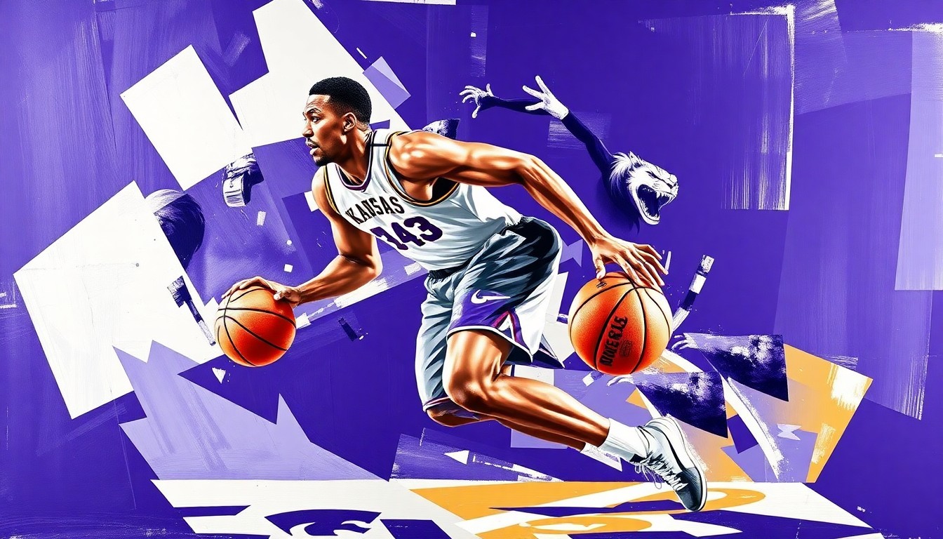 A fractured, cubist-style painting depicting a basketball player in motion, broken down into sharp, overlapping geometric shapes in the team colors of purple, silver, and white.