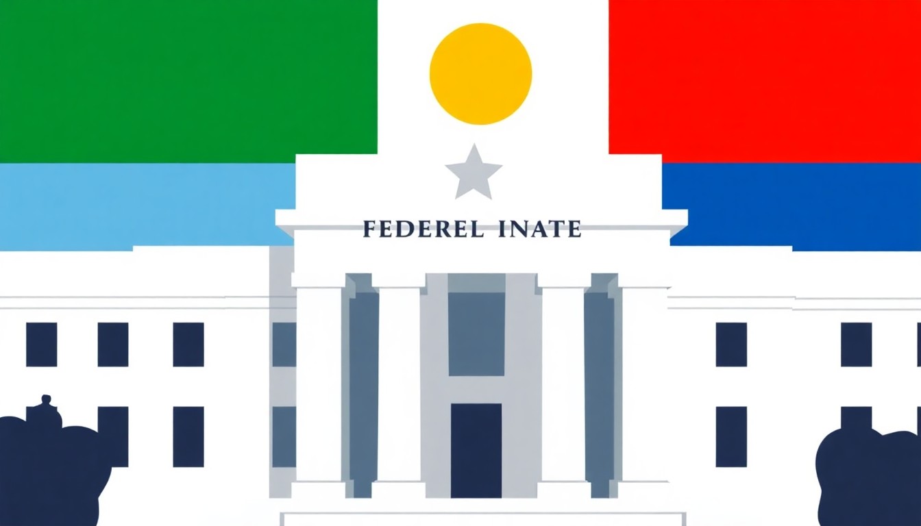 A minimalist composition of overlapping geometric shapes in primary colors, conceptually representing the complex economic factors the Federal Reserve must consider in its interest rate decision.